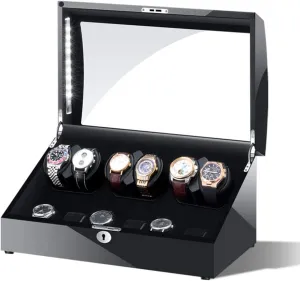 Leather Pillows (Color : Black) (Black) Wooden operational conestoga geomagnetic hale vein   6 Watches Storage Display Box 5 Rotation Modes with LED Light 