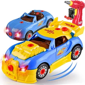 Liberty Imports Take Apart Racing Car Toys - Build Your Own Assembly Vehicle with 30 Piece Constructions Set and Working Electric Drill - Engine Sounds Lights