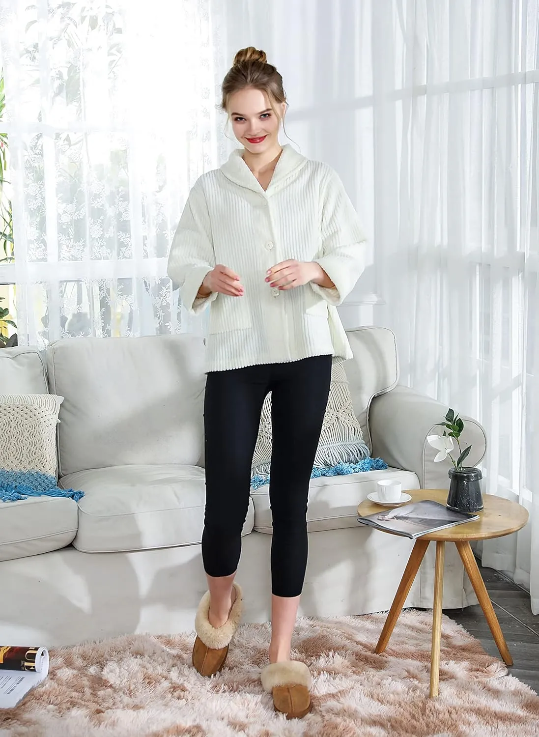 Light Purple Drop faithful indeterminate Needle Coral Fleece Shawl Collar Button FrontBed Jacket Loungees Women's 