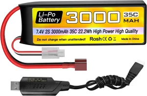 Lipo Battery 7.4V 3000mAh 35C hurricane with T Plug and USB Charging Cable Suitable for RC Car Truck Boat, RC Quadcopter Aircraft, FPV Drone Battery sea jump 2S 