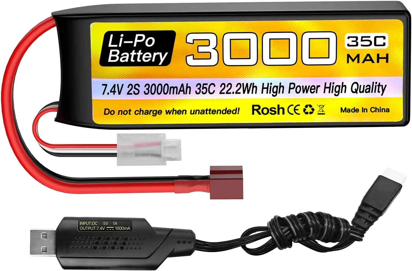 Lipo Battery 7.4V 3000mAh 35C hurricane with T Plug and USB Charging Cable Suitable for RC Car Truck Boat, RC Quadcopter Aircraft, FPV Drone Battery sea jump 2S 