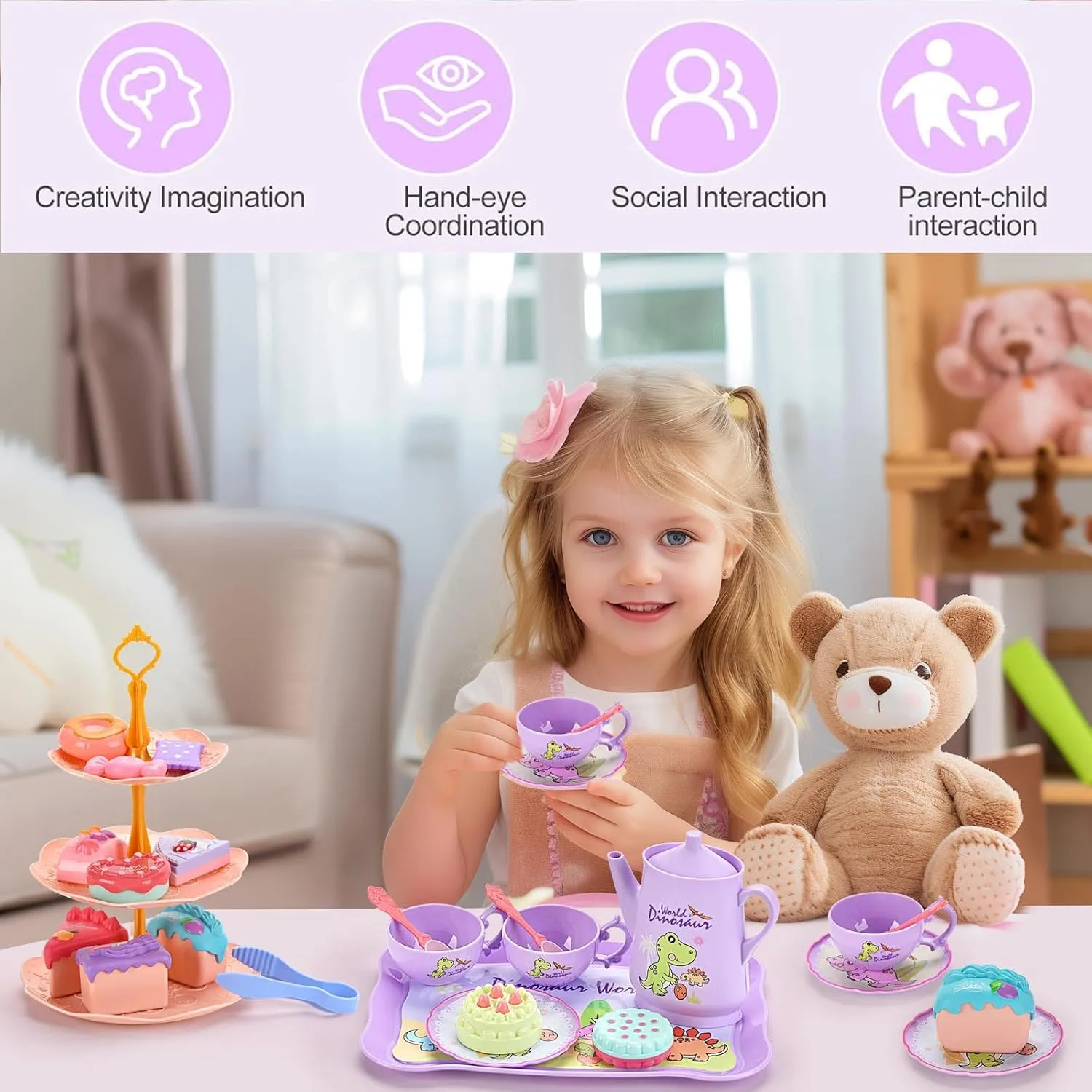 Little Girls, Pretend Plastic Teapot Set, Princess Tea Time lightly Play Kitchen Toy with Dessert, Carrying Case for Birthday Easter Gifts Kids Toddlers Age 3 4 5 6 Dinosaurs Tea Party Set for 