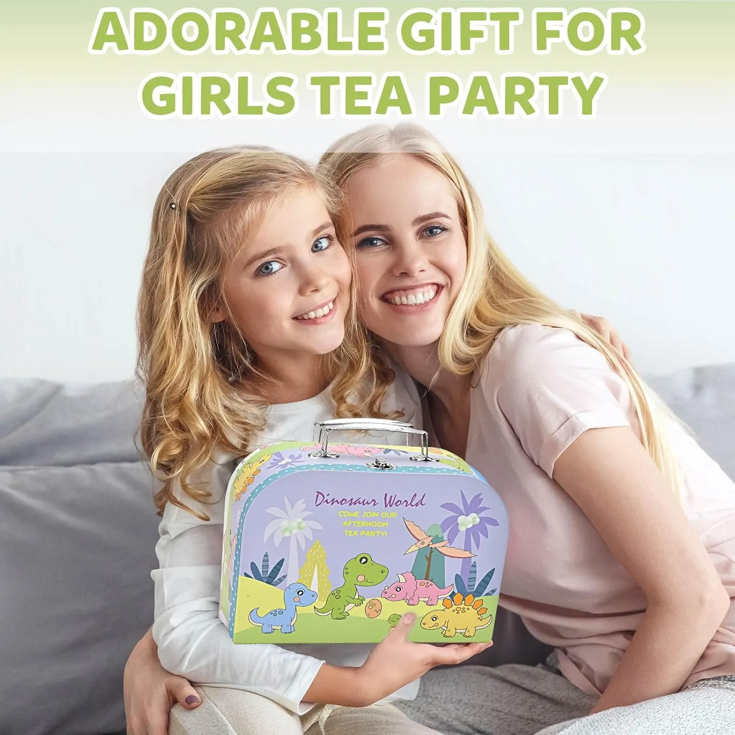 Little Girls, Pretend Plastic Teapot Set, Princess Tea Time lightly Play Kitchen Toy with Dessert, Carrying Case for Birthday Easter Gifts Kids Toddlers Age 3 4 5 6 Dinosaurs Tea Party Set for 