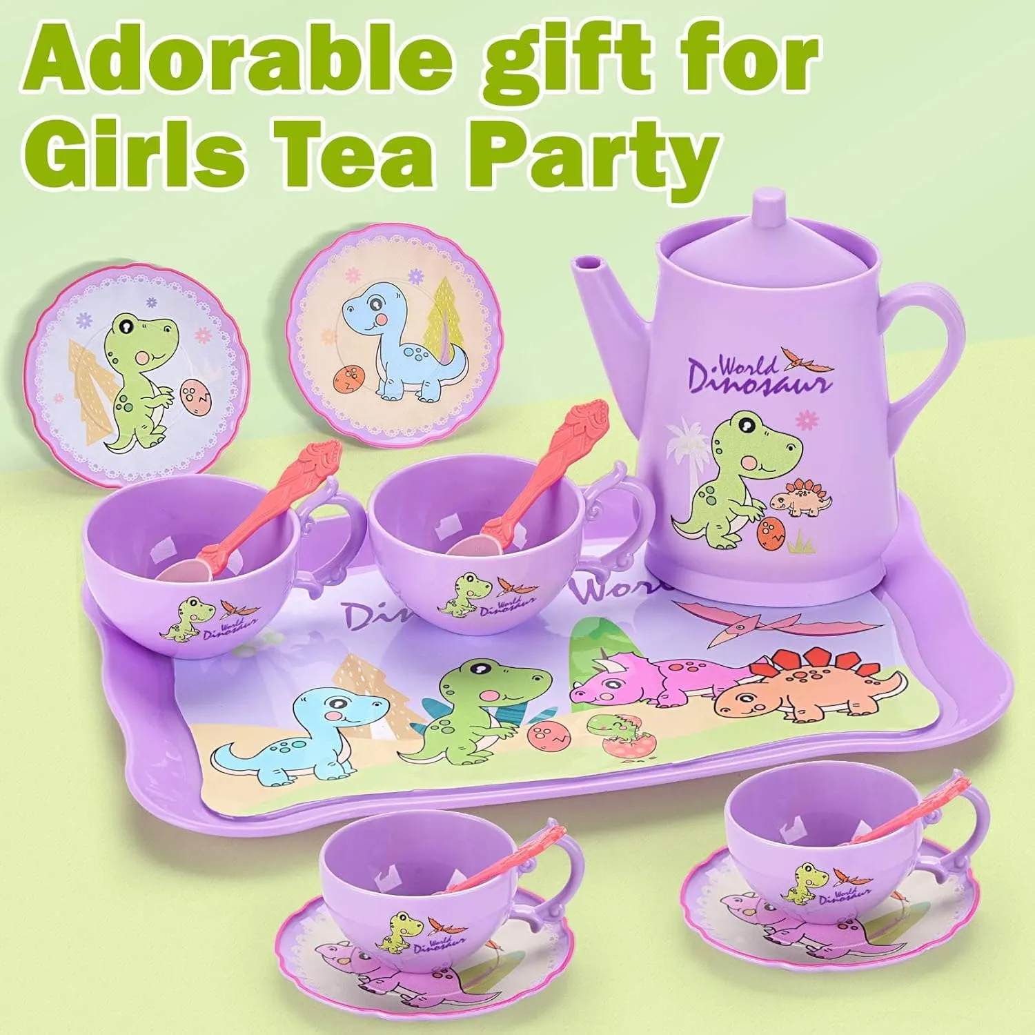 Little Girls, Pretend Plastic Teapot Set, Princess Tea Time lightly Play Kitchen Toy with Dessert, Carrying Case for Birthday Easter Gifts Kids Toddlers Age 3 4 5 6 Dinosaurs Tea Party Set for 