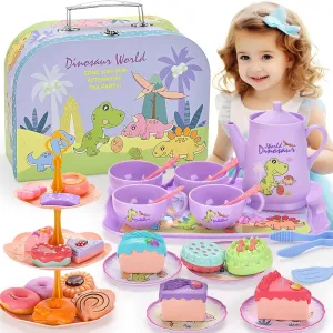 Little Girls, Pretend Plastic Teapot Set, Princess Tea Time lightly Play Kitchen Toy with Dessert, Carrying Case for Birthday Easter Gifts Kids Toddlers Age 3 4 5 6 Dinosaurs Tea Party Set for 
