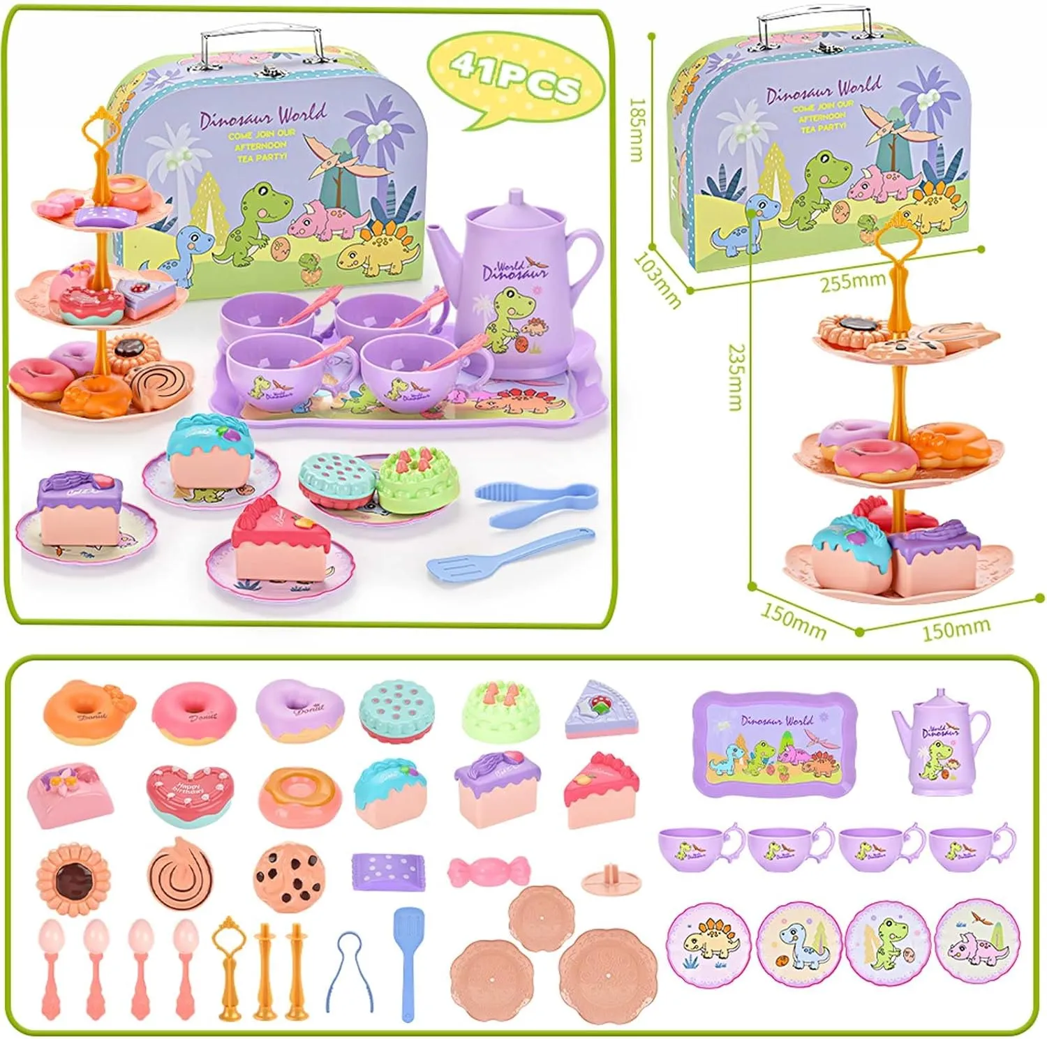 Little Girls, Pretend Plastic Teapot Set, Princess Tea Time lightly Play Kitchen Toy with Dessert, Carrying Case for Birthday Easter Gifts Kids Toddlers Age 3 4 5 6 Dinosaurs Tea Party Set for 