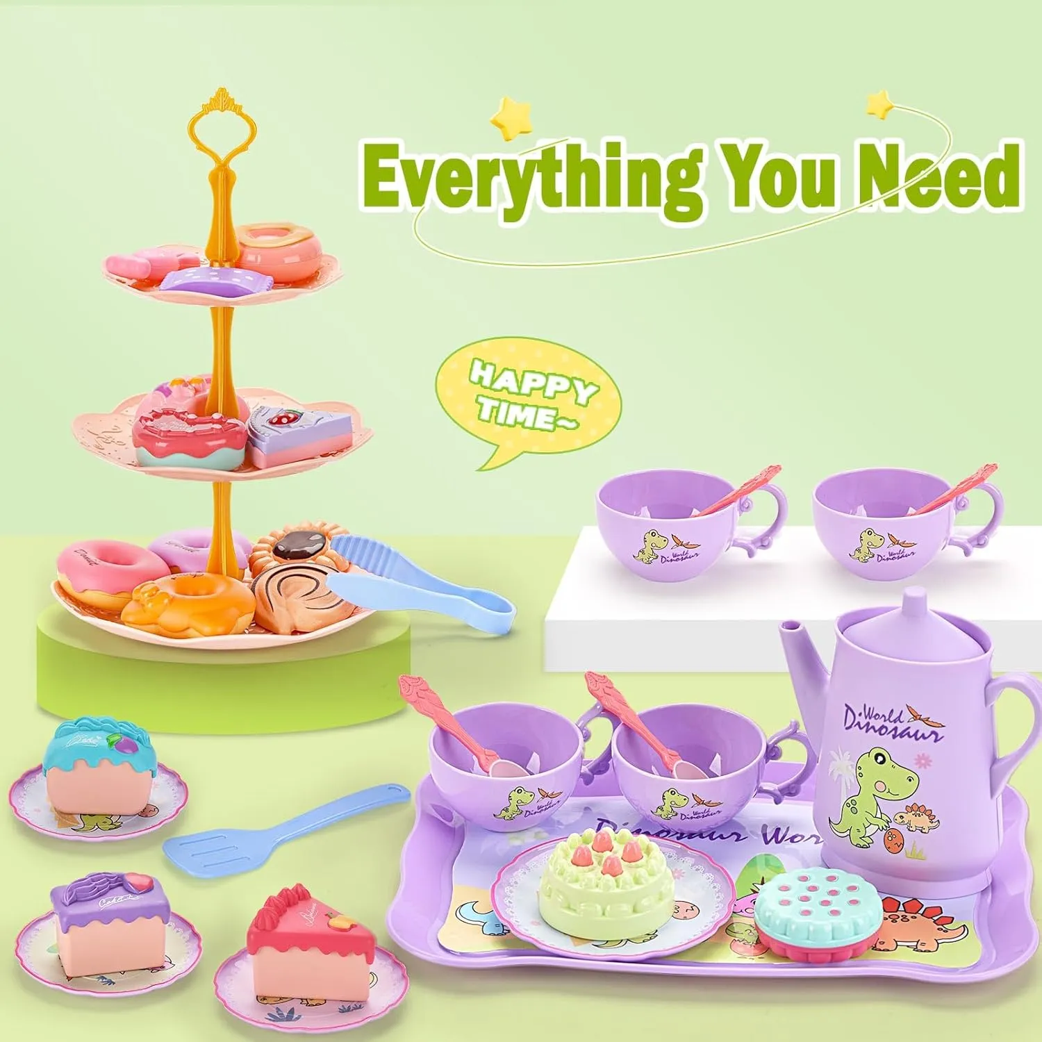 Little Girls, Pretend Plastic Teapot Set, Princess Tea Time lightly Play Kitchen Toy with Dessert, Carrying Case for Birthday Easter Gifts Kids Toddlers Age 3 4 5 6 Dinosaurs Tea Party Set for 