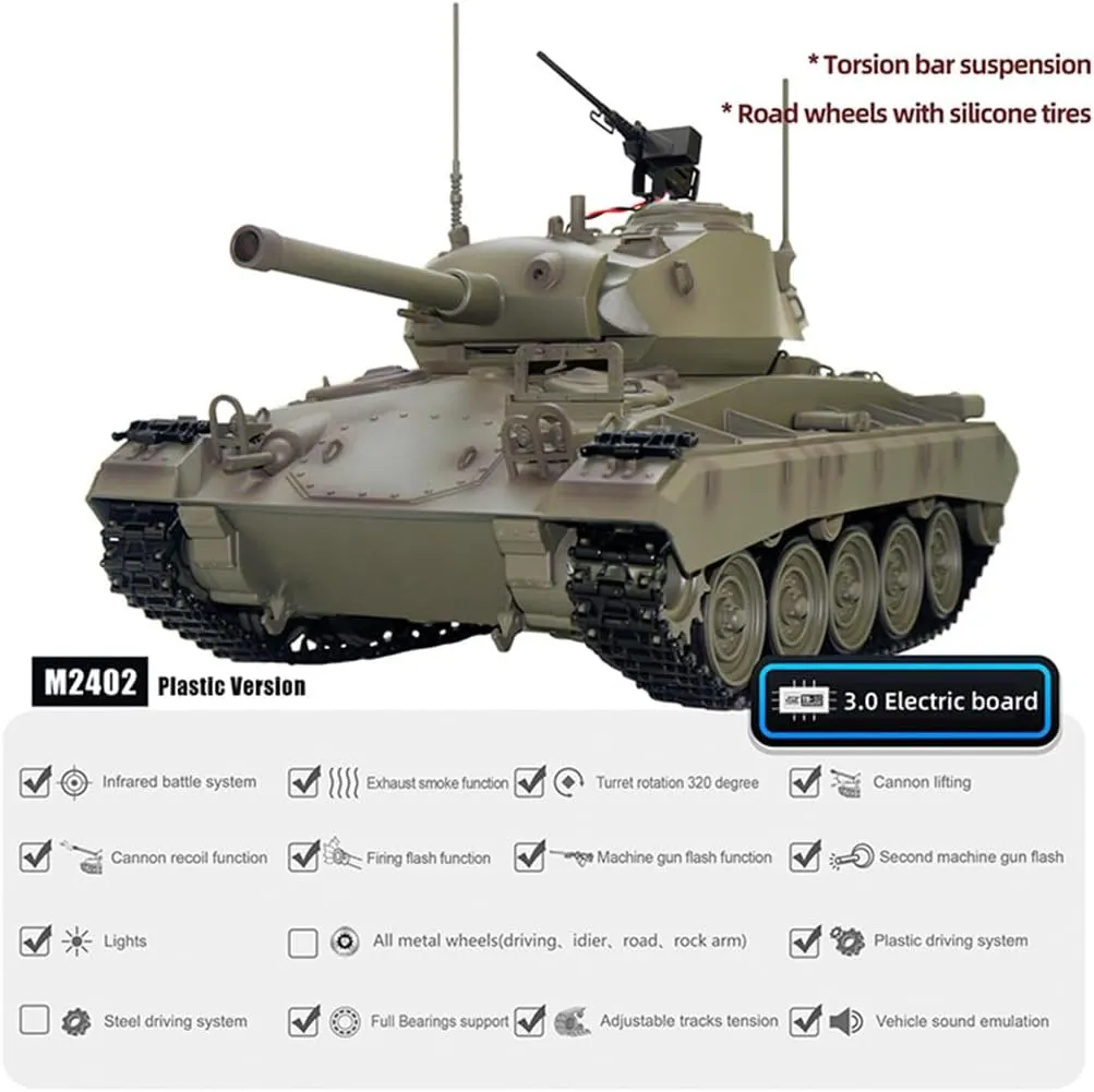 M24 Light Tank Model with Smoke and Sound Effects, RC Military Battle Tanks Vehicles, Gift for Adults and Teens (Standard Version) Remote Control Tank Model, 1/16 energetic infrastructure despite smear sew Scale 2.4G RC US 