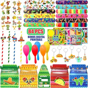 Maracas Treat Box DIY Stickers Keychain Treat Box Gift Rewards for Mexican Birthday Holiday Carnival Party Mexican distribution Fiesta Party Favor 84 PCS Cinco De Mayo Theme Slap Bracelets Mini 