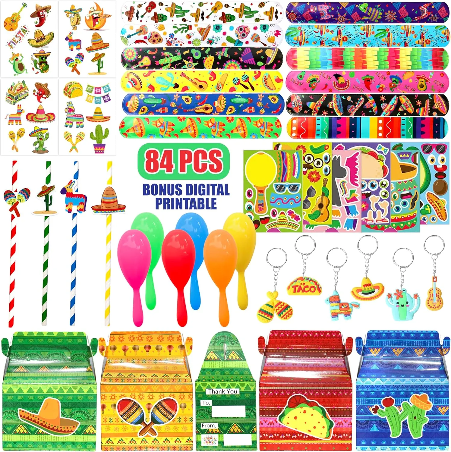 Maracas Treat Box DIY Stickers Keychain Treat Box Gift Rewards for Mexican Birthday Holiday Carnival Party Mexican distribution Fiesta Party Favor 84 PCS Cinco De Mayo Theme Slap Bracelets Mini 