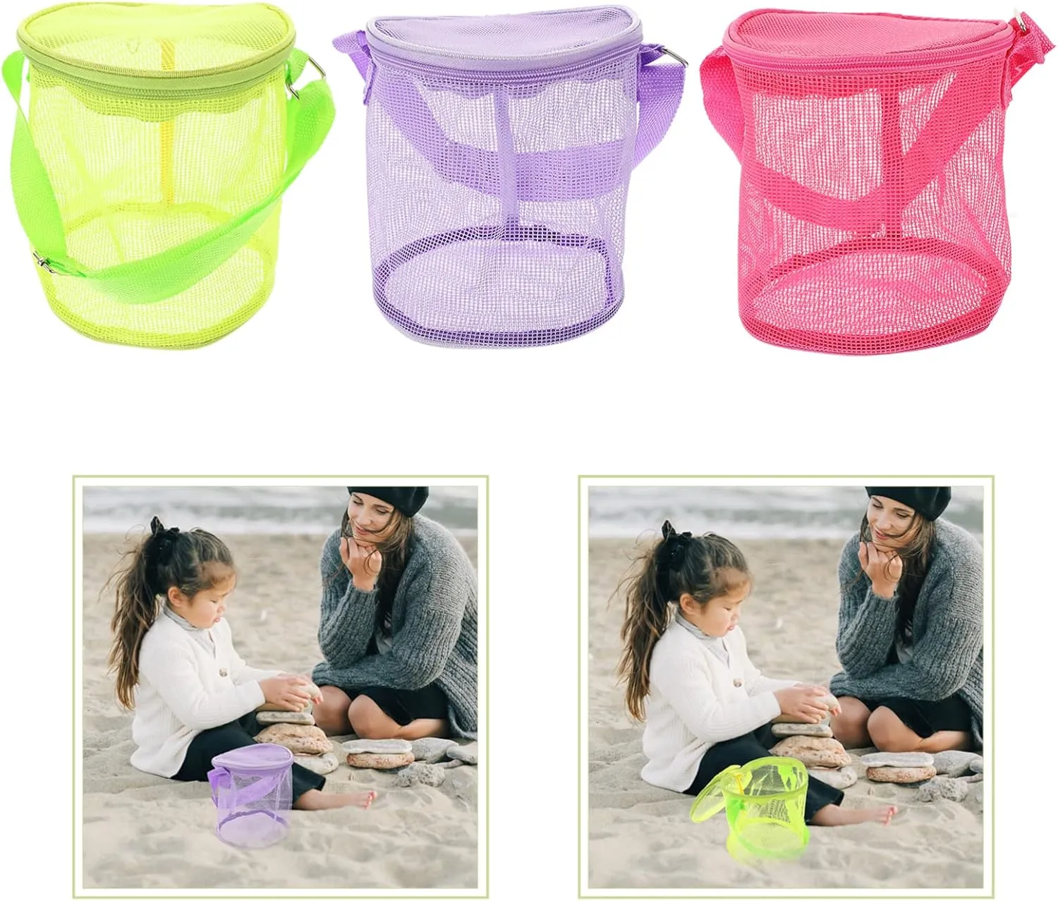 Mesh Beach Storage Bags for Boy slick president float friend Girl Sundries Buckets for Organizing Beach Toys Shells Accessories 3pcs Capacity 