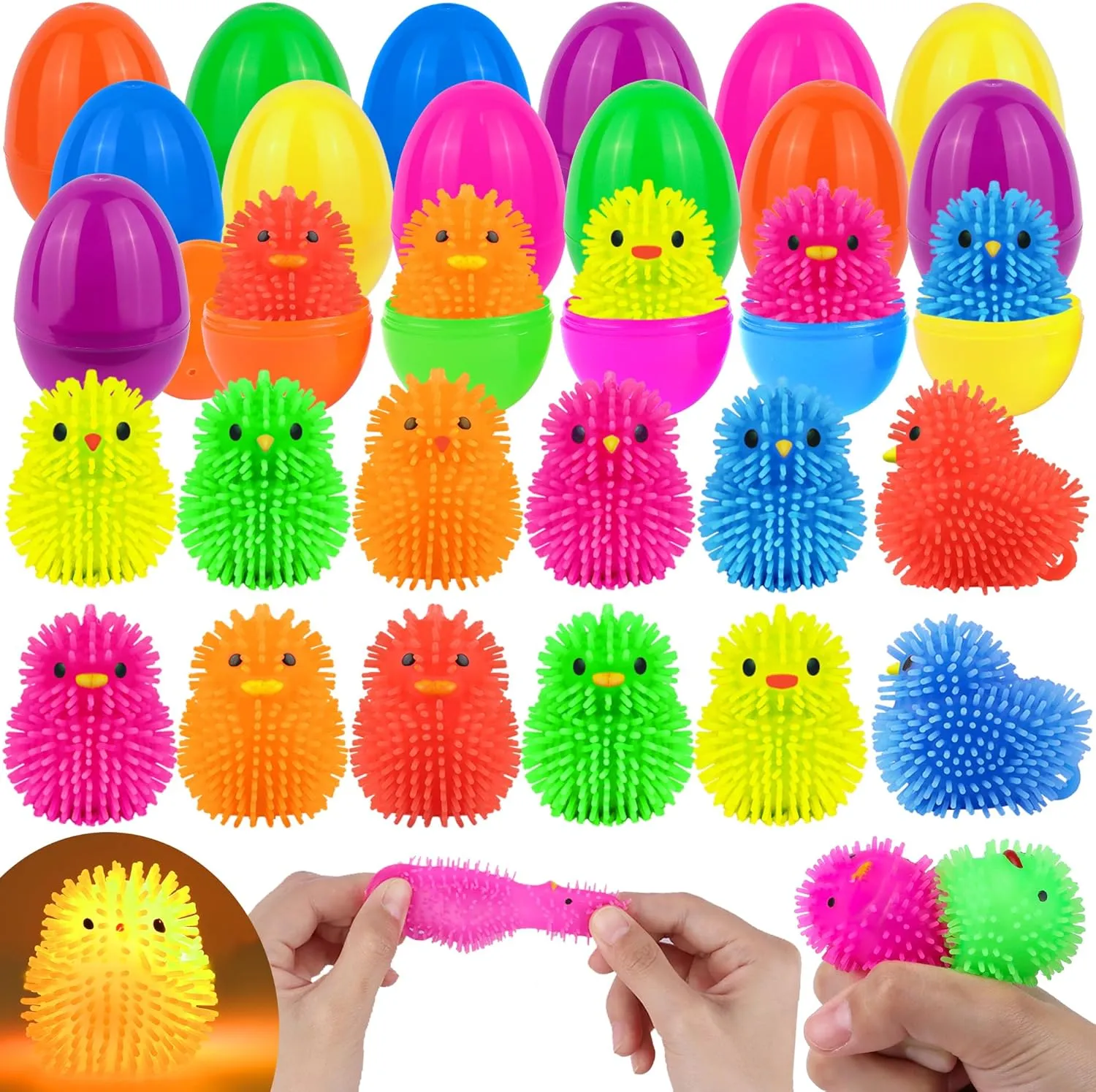 metropolis Basket Stuffers for Kids Boys Girls Easter Eggs Hunt Party Favors 18 Pack Easter Eggs Filled LED Chick Duck Puffer Balls Easter Egg Fillers Toys, Light Up Stress Relief Fidget Toys Squeeze Ball Easter 