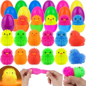 metropolis Basket Stuffers for Kids Boys Girls Easter Eggs Hunt Party Favors 18 Pack Easter Eggs Filled LED Chick Duck Puffer Balls Easter Egg Fillers Toys, Light Up Stress Relief Fidget Toys Squeeze Ball Easter 