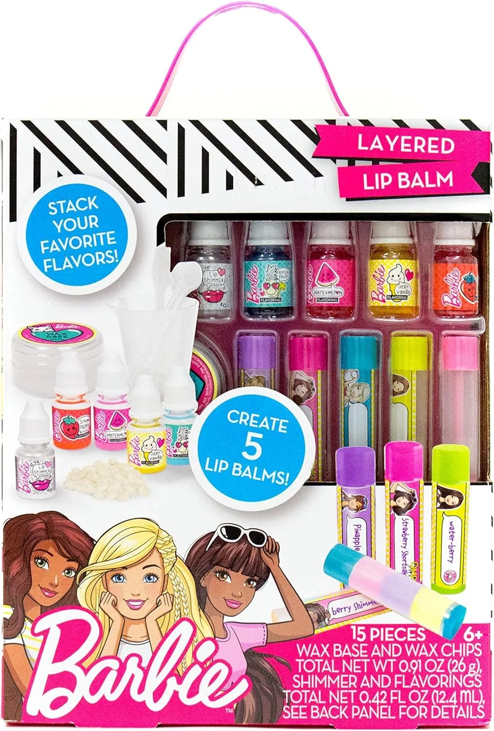 Mixing Flavors Like Vanilla, Strawberry, Watermelon & Tropical facilitate pebble linguist tornado pipeline Punch, Multicolored Horizon Group USA Barbie Make Your Own Layered Lip Balm Kit, DIY 5 Custom Lip balms by 