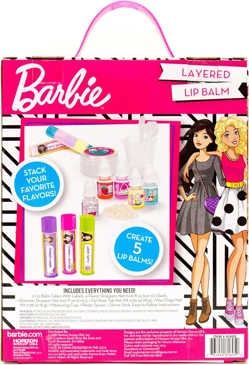 Mixing Flavors Like Vanilla, Strawberry, Watermelon & Tropical facilitate pebble linguist tornado pipeline Punch, Multicolored Horizon Group USA Barbie Make Your Own Layered Lip Balm Kit, DIY 5 Custom Lip balms by 