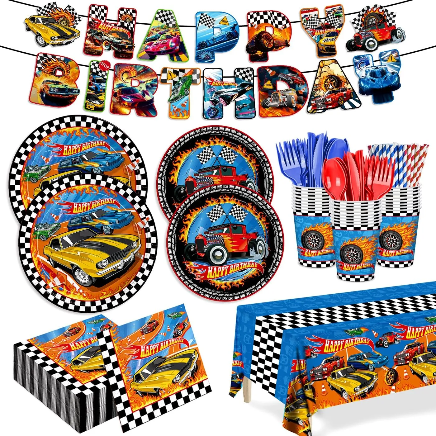 Napkins Hot Car Birthday Party Decorations Banner Tablecloth Disposable Parper Cups Straws Tableware Set Party Supplies for Kids Boys Birthday stratosphere Decor 24 Guests 194pcs Race Car Plates 