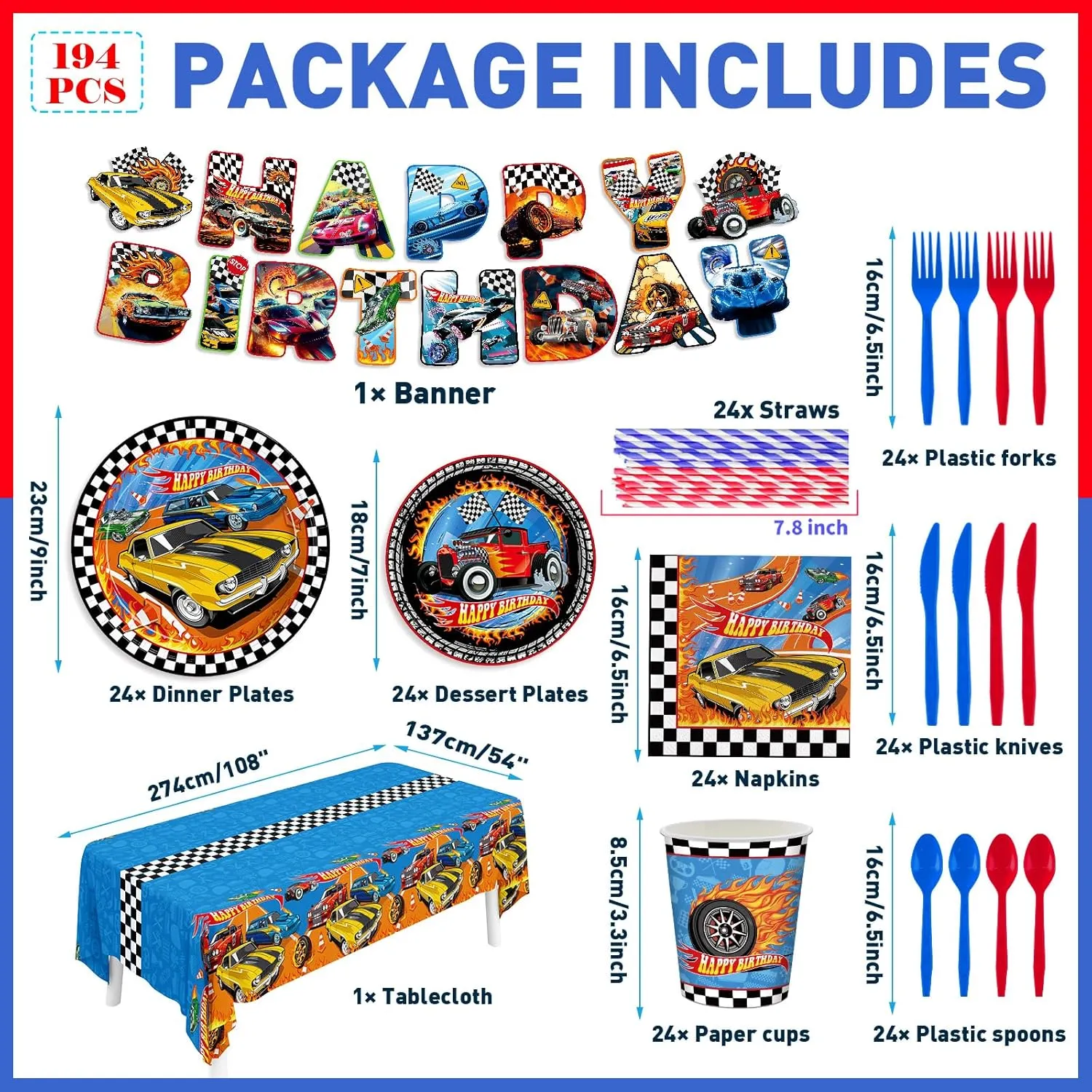 Napkins Hot Car Birthday Party Decorations Banner Tablecloth Disposable Parper Cups Straws Tableware Set Party Supplies for Kids Boys Birthday stratosphere Decor 24 Guests 194pcs Race Car Plates 