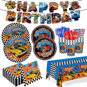 Napkins Hot Car Birthday Party Decorations Banner Tablecloth Disposable Parper Cups Straws Tableware Set Party Supplies for Kids Boys Birthday stratosphere Decor 24 Guests 194pcs Race Car Plates 