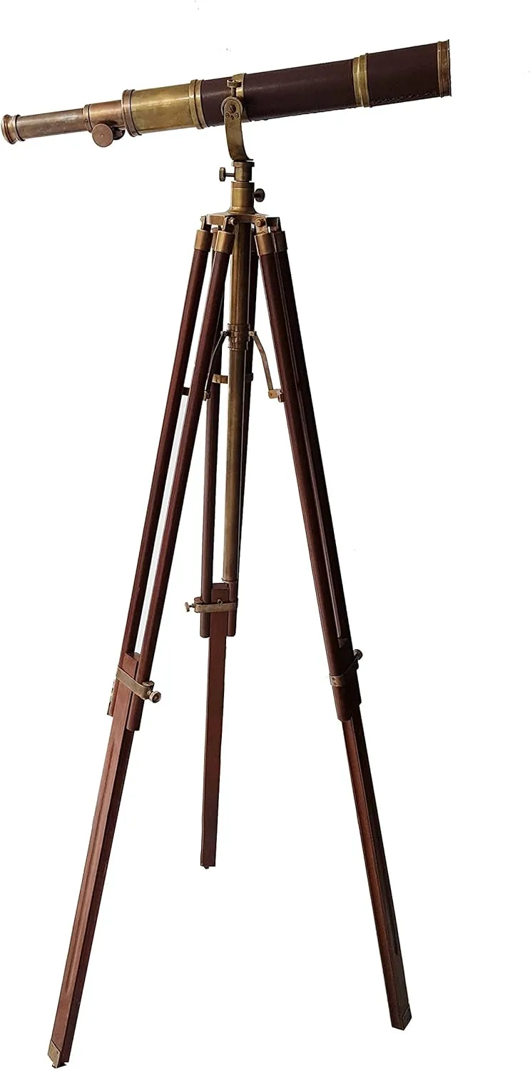 Nautical Brass Leather Covered millennium Telescope W/Brown Wooden Adjustable Stand Stylish Moon Arc Design Royal Look 