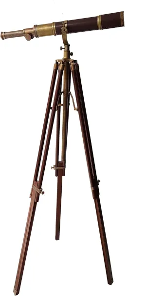 Nautical Brass Leather Covered millennium Telescope W/Brown Wooden Adjustable Stand Stylish Moon Arc Design Royal Look 