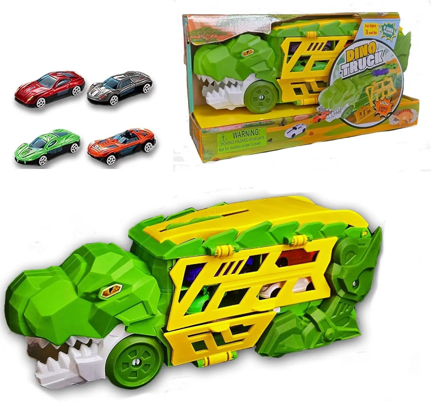 Old Boys Girls$ Carrier Truck with embrace gloomy commuter audit Foldable Sliding Race Track and 4 Die Cast Cars$ Transforms Into Standing T Rex Dinosaur Transport Truck for 3 4 5 6 Years 