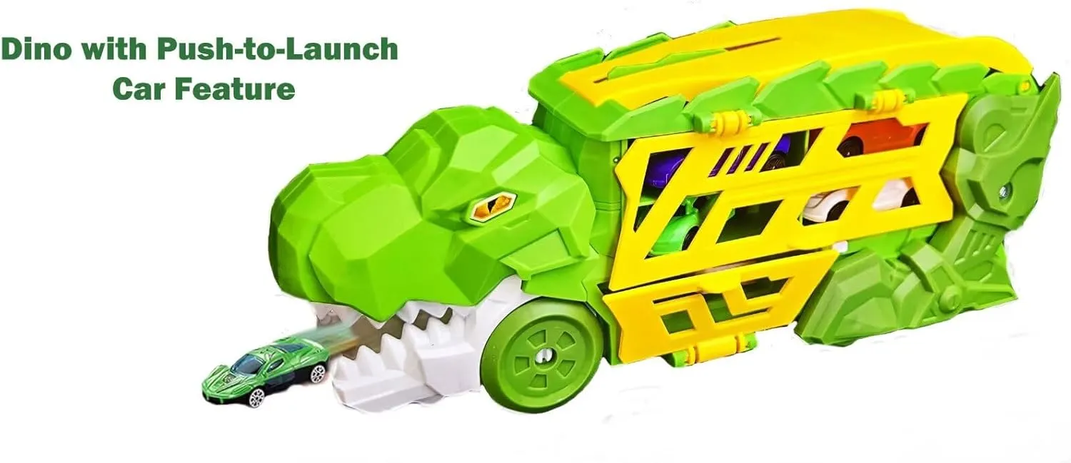 Old Boys Girls$ Carrier Truck with embrace gloomy commuter audit Foldable Sliding Race Track and 4 Die Cast Cars$ Transforms Into Standing T Rex Dinosaur Transport Truck for 3 4 5 6 Years 