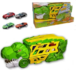 Old Boys Girls$ Carrier Truck with embrace gloomy commuter audit Foldable Sliding Race Track and 4 Die Cast Cars$ Transforms Into Standing T Rex Dinosaur Transport Truck for 3 4 5 6 Years 