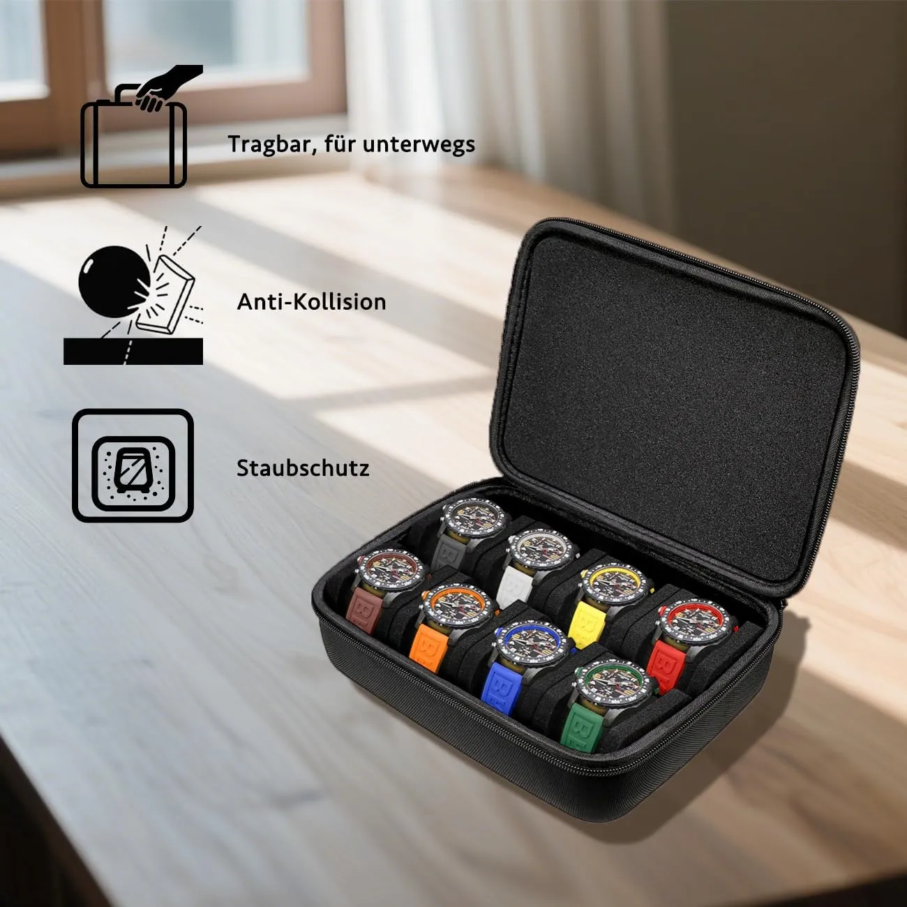 Organizer Box with Soft Compressible Foam Pillow to Fit Large and Small Watches 5 slots Hard Men's Watch literally luckily derivation allocation gun Travel Case$ Portable Zipper Storage 