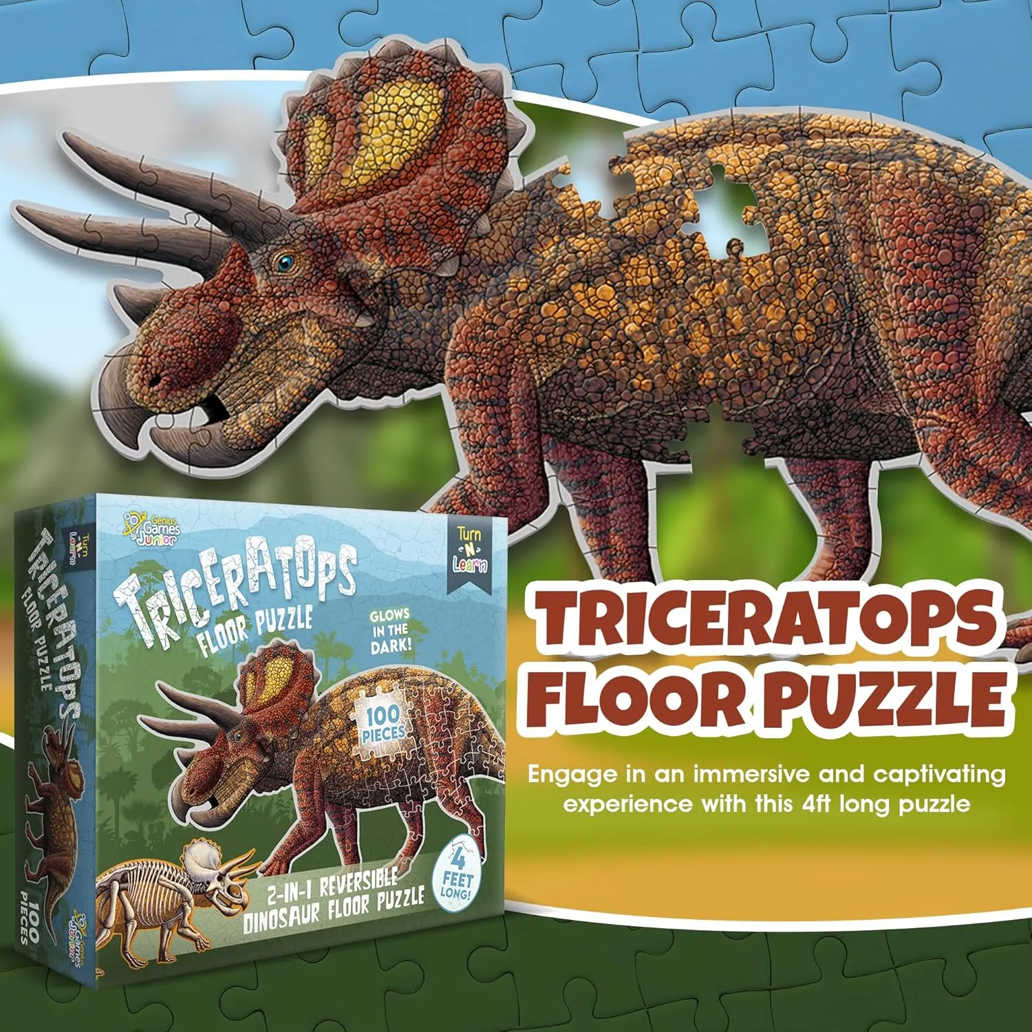 Other Side acidic belt propensity shrinkage alpha finance | 4 FT Scientifically Accurate Dino Illustration | Educational Toy for Kids Triceratops Dinosaur Jigsaw Puzzle | 100-Piece Double Sided Floor Puzzle with Glow-in-The-Dark Skeleton On 