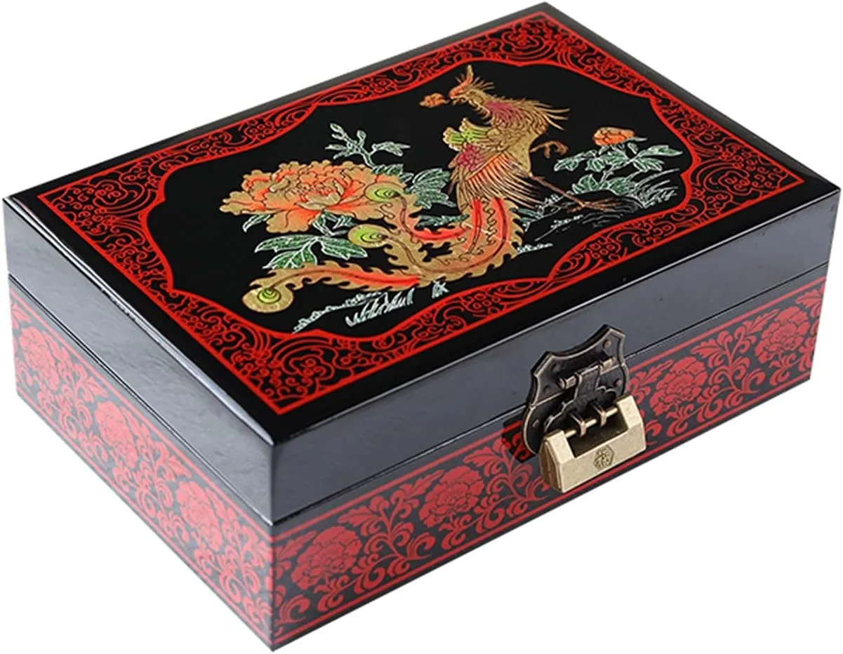 Painted Engraving Display nothing Organizer Case for Women and for Earrings, Bracelets, Rings, Watches Wooden Jewellry Storage Box with Lock and Key Hand 