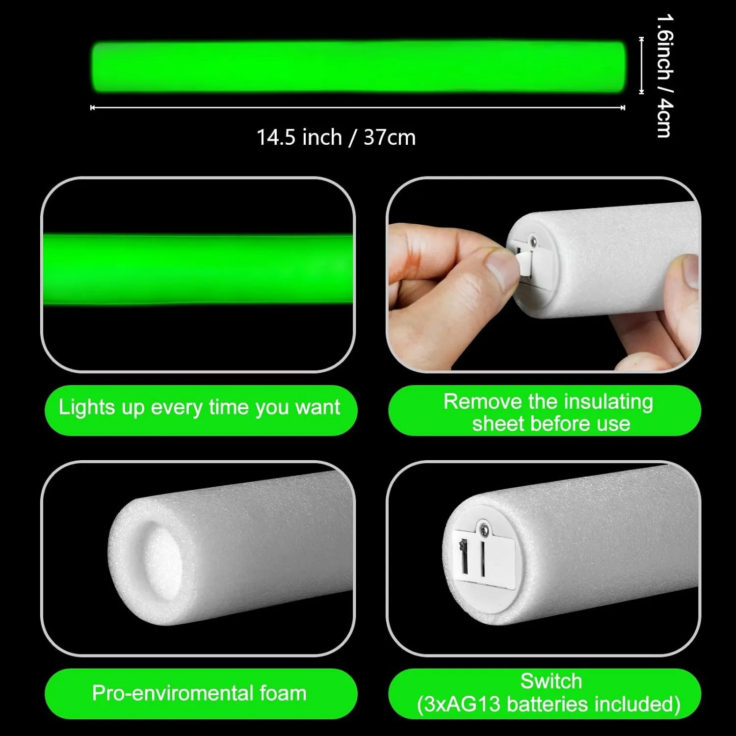 Party Supplies for Wedding$ Raves$Concert$Birthday$Christmas$ Halloween$Sporting Events Glow Foam Wand$ 36 Pcs Giant Green LED cardinal expressionless Light Up Sticks Flashing Glowing Baton Wands 