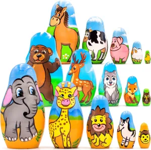 pcs - African complaint Farm and Forest Animals Nesting Doll - Wooden Russian Matryoshka Animals Nesting Dolls Set 15 