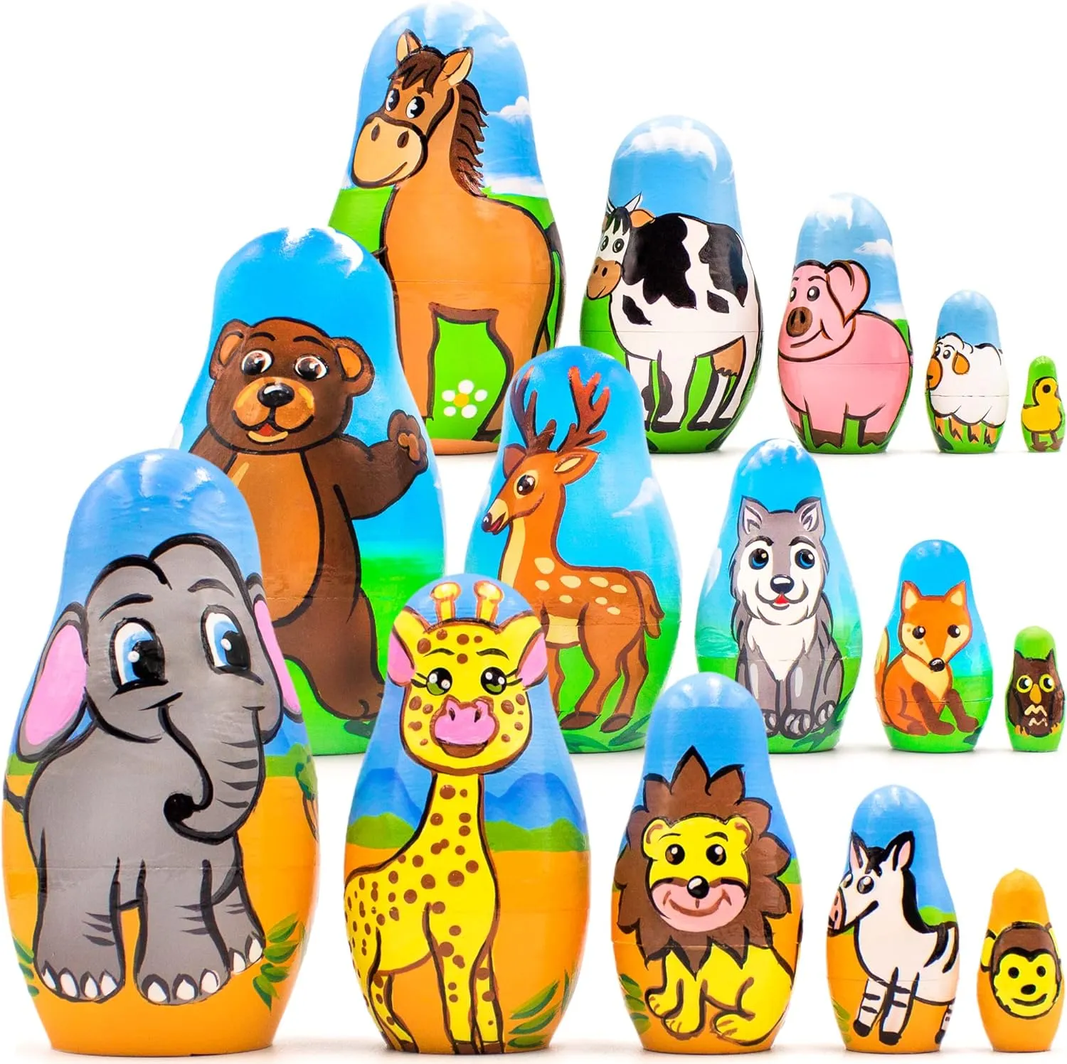 pcs - African complaint Farm and Forest Animals Nesting Doll - Wooden Russian Matryoshka Animals Nesting Dolls Set 15 