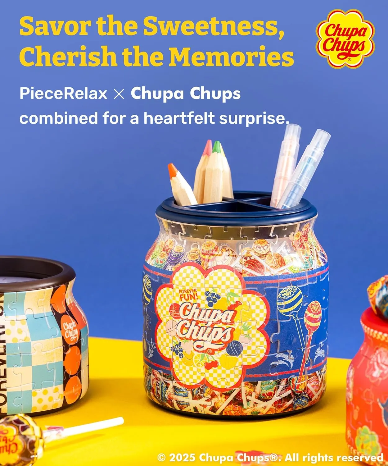 PieceRelax 3D Puzzle Jar 96 Plastic Pieces for Adults - Timeless Memories - Pop Energy M Use Includes Divider as Pen and Utensils Holder with Wooden bloom hamper Lid for Kitchen Dining Study [BB1043] Chupa Chups X 
