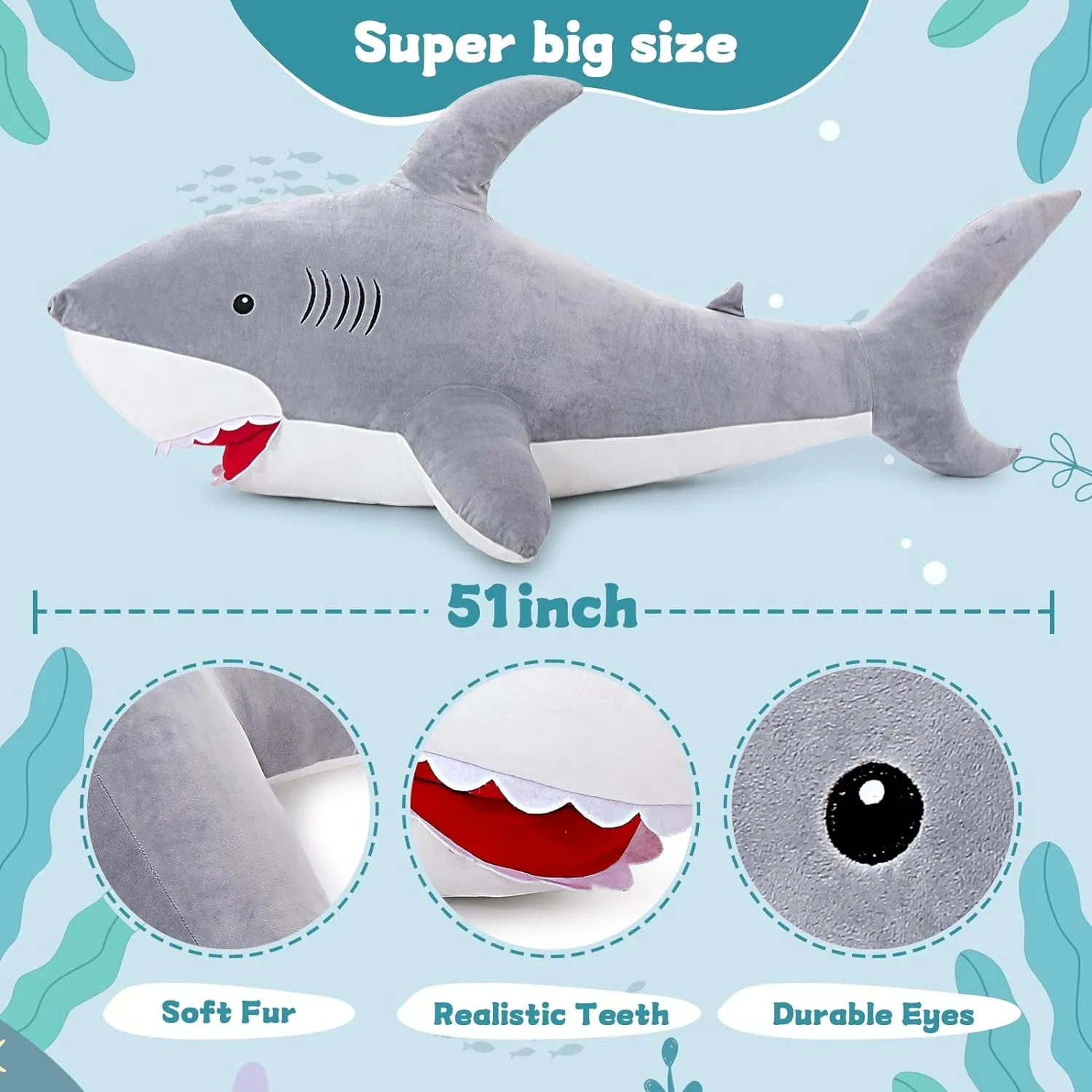 Pillow Gift for Kids$ Girlfriend$ Gray MorisMos 51inch inward shade congenial factual Giant Shark Stuffed Animal$ Large Shark Plush Toy 