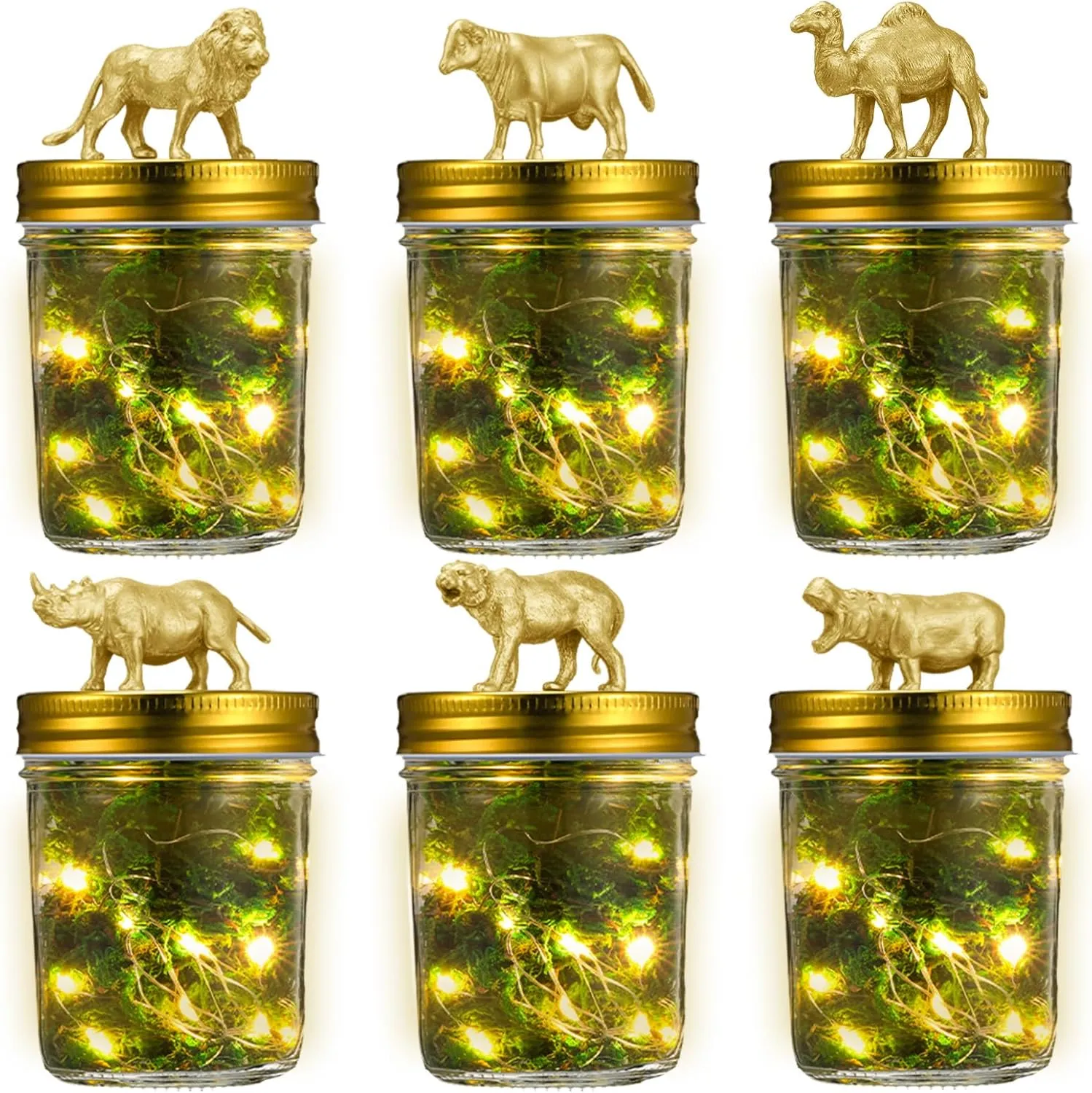 Plastic Animal Figurines with Jars, Safari Party Favors Centerpieces Including DIY Mason Jars, 12 Gold Animals buoyant wax hexagonal paleontologist christian crude Figures, Simulated Moss and Light Strips Geelin 30 Pcs Gold 