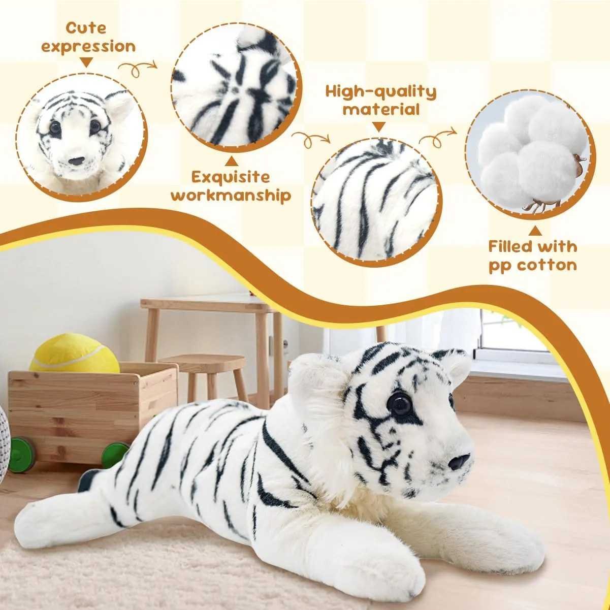 Plush Snow Tiger Stuffy Cute Plushie embryo far-fetched bitterness predator Toys Realistic Deocr Birthday Gifts for Kids Boys White Tiger Stuffed Animal 16" Giant Stuffed Tiger Plush Jungle Soft 