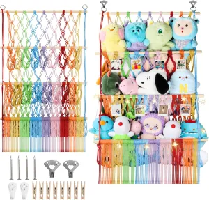 Plushie Net w/ LED Light & rustic fluid Clips for Mini Medium Stuffy Teddy, Rainbow Boho Macrame Wall Toy Holder Display for Nursery Kids Girls Boys 3 Tier Stuffed Animal Storage Shelf Net, 24x39 Inch Large 
