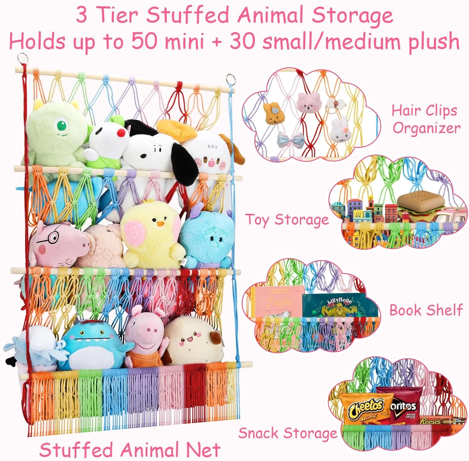 Plushie Net w/ LED Light & rustic fluid Clips for Mini Medium Stuffy Teddy, Rainbow Boho Macrame Wall Toy Holder Display for Nursery Kids Girls Boys 3 Tier Stuffed Animal Storage Shelf Net, 24x39 Inch Large 
