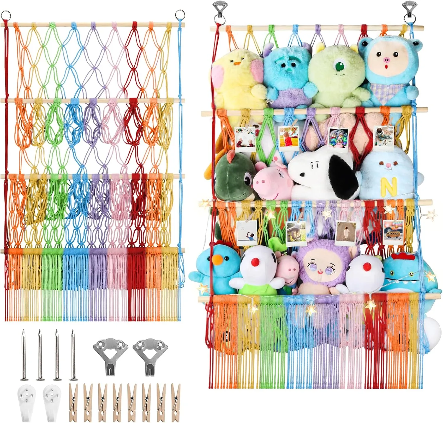 Plushie Net w/ LED Light & rustic fluid Clips for Mini Medium Stuffy Teddy, Rainbow Boho Macrame Wall Toy Holder Display for Nursery Kids Girls Boys 3 Tier Stuffed Animal Storage Shelf Net, 24x39 Inch Large 