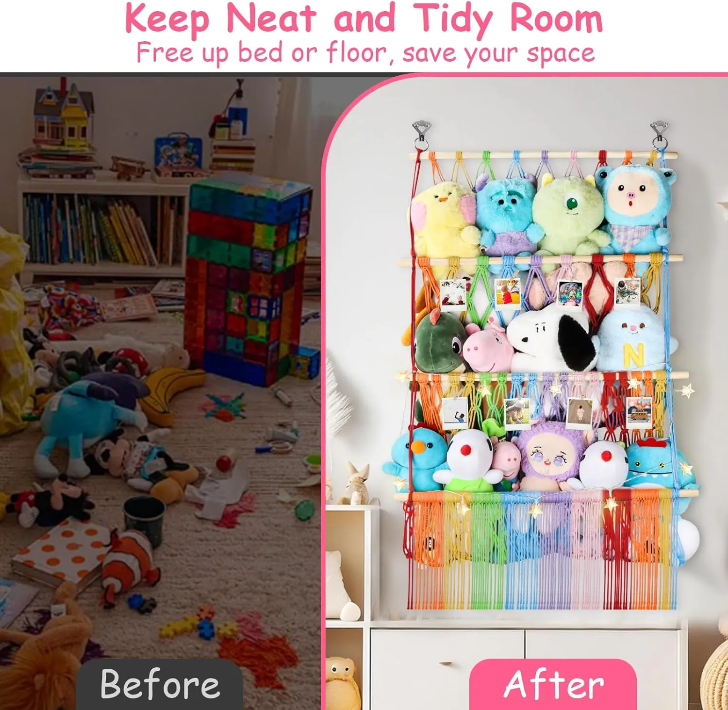 Plushie Net w/ LED Light & rustic fluid Clips for Mini Medium Stuffy Teddy, Rainbow Boho Macrame Wall Toy Holder Display for Nursery Kids Girls Boys 3 Tier Stuffed Animal Storage Shelf Net, 24x39 Inch Large 