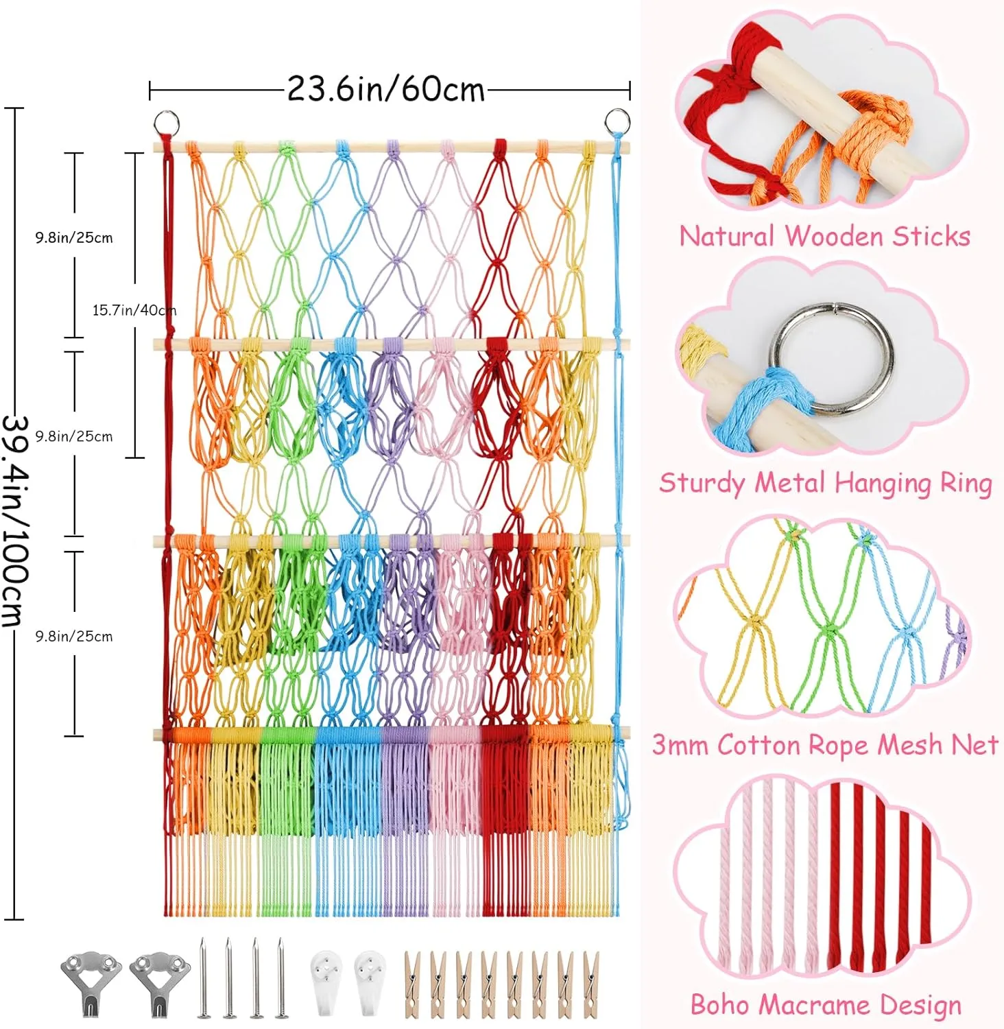 Plushie Net w/ LED Light & rustic fluid Clips for Mini Medium Stuffy Teddy, Rainbow Boho Macrame Wall Toy Holder Display for Nursery Kids Girls Boys 3 Tier Stuffed Animal Storage Shelf Net, 24x39 Inch Large 