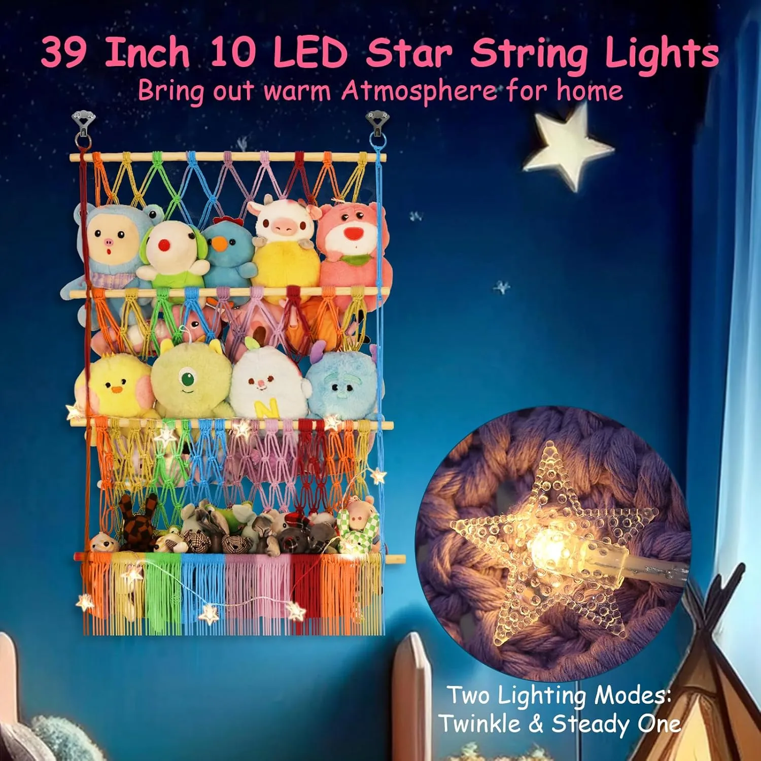 Plushie Net w/ LED Light & rustic fluid Clips for Mini Medium Stuffy Teddy, Rainbow Boho Macrame Wall Toy Holder Display for Nursery Kids Girls Boys 3 Tier Stuffed Animal Storage Shelf Net, 24x39 Inch Large 