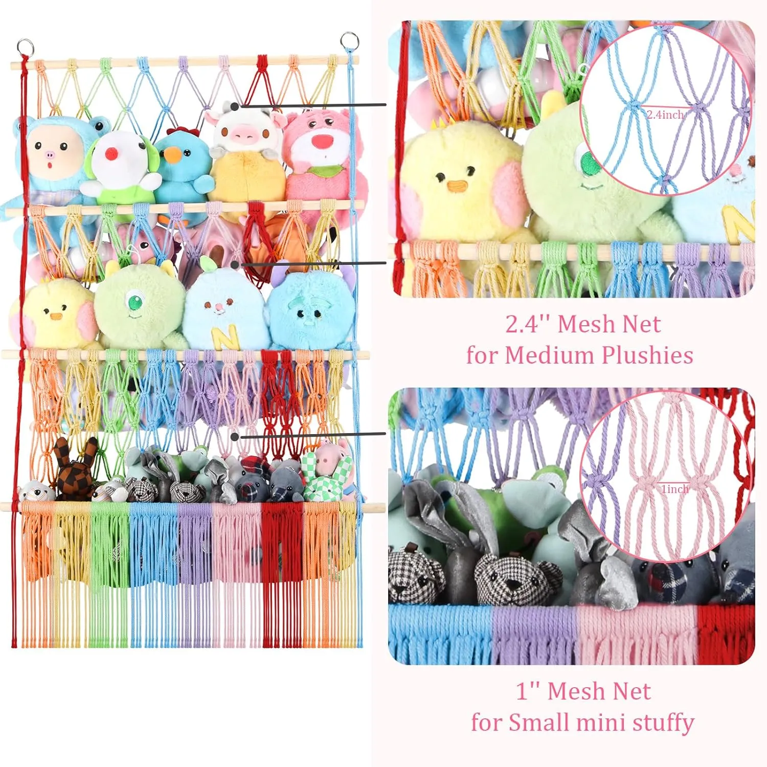 Plushie Net w/ LED Light & rustic fluid Clips for Mini Medium Stuffy Teddy, Rainbow Boho Macrame Wall Toy Holder Display for Nursery Kids Girls Boys 3 Tier Stuffed Animal Storage Shelf Net, 24x39 Inch Large 
