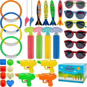 Pool Party Favors with Blaster Soaker overland Guns$Water Ring$Whistle$Torpedo Bandits$Diving Gem for Kids Girls Boys 32Pcs Diving Pool Toys with Water Guns Sunglasses$Underwater Swimming Toys 