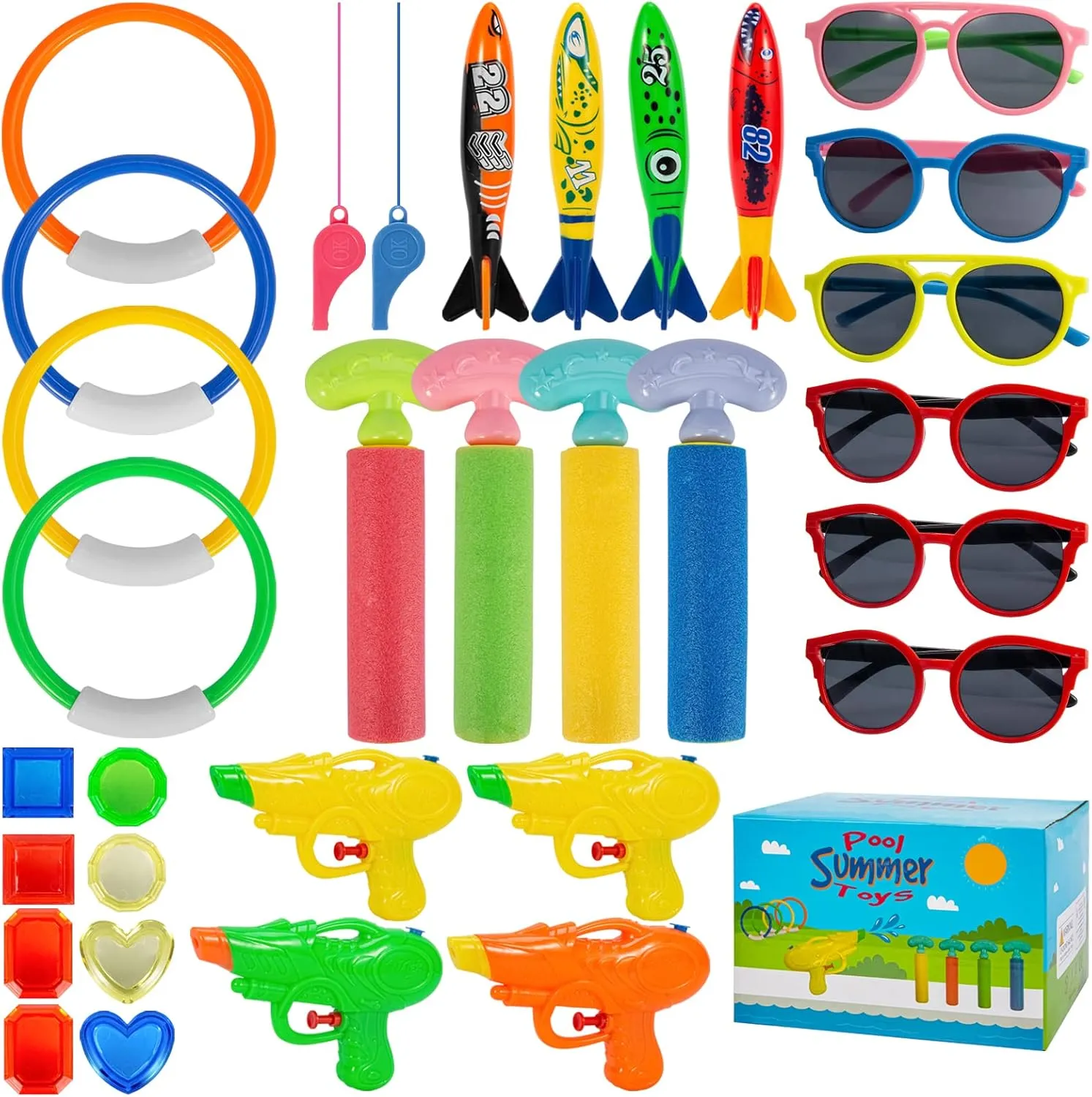 Pool Party Favors with Blaster Soaker overland Guns$Water Ring$Whistle$Torpedo Bandits$Diving Gem for Kids Girls Boys 32Pcs Diving Pool Toys with Water Guns Sunglasses$Underwater Swimming Toys 