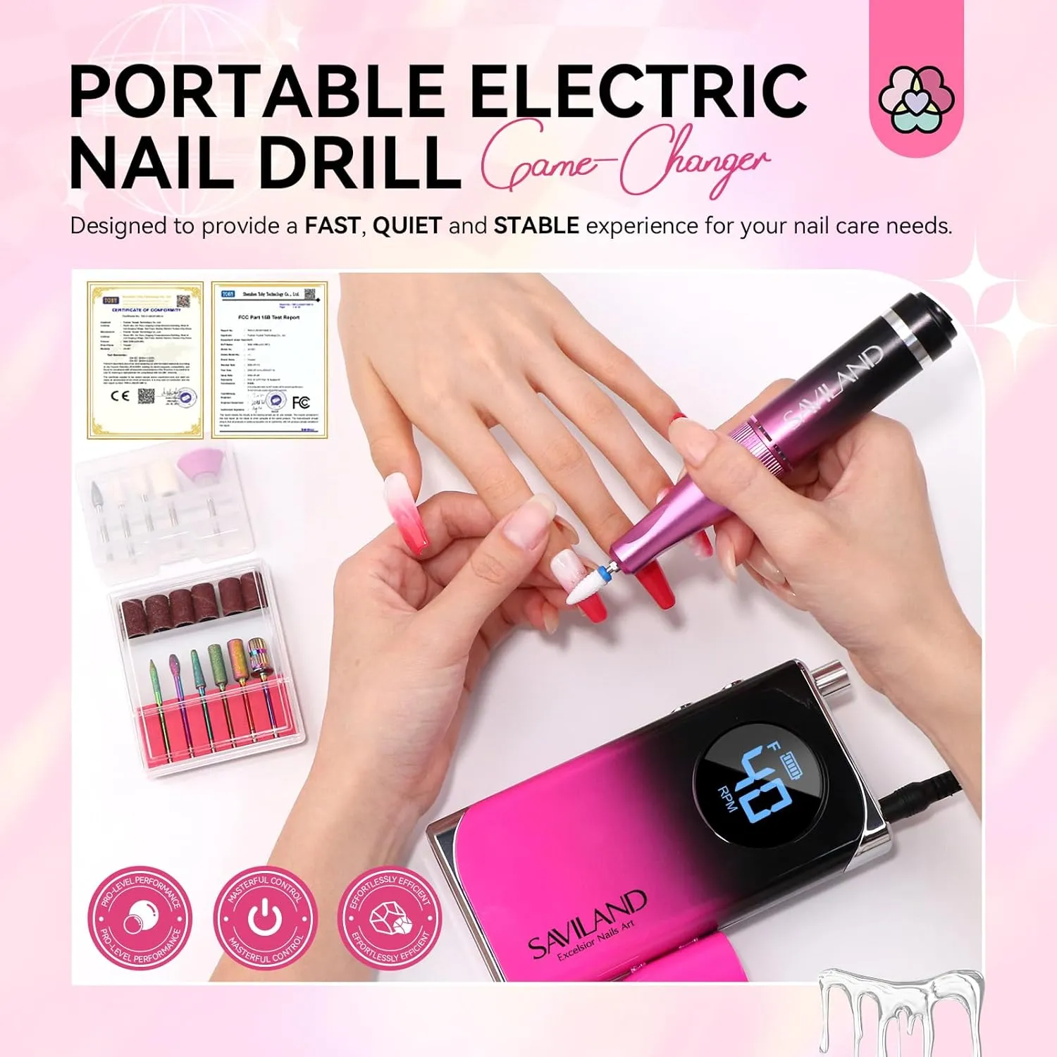 Portable Nail Grinder Ceramic Drill Bit radial Salon Manicure Pedicure SAVILAND Professional Nail Drill for Acrylics: 2024 High Tech 40000RPM Electric Nail Drill 6000mAh Efile Machine Rechargeable Nail File 