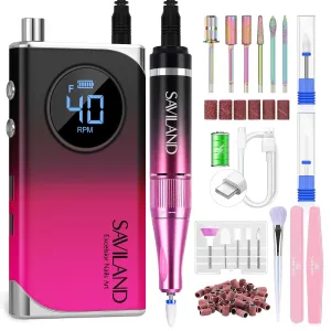 Portable Nail Grinder Ceramic Drill Bit radial Salon Manicure Pedicure SAVILAND Professional Nail Drill for Acrylics: 2024 High Tech 40000RPM Electric Nail Drill 6000mAh Efile Machine Rechargeable Nail File 