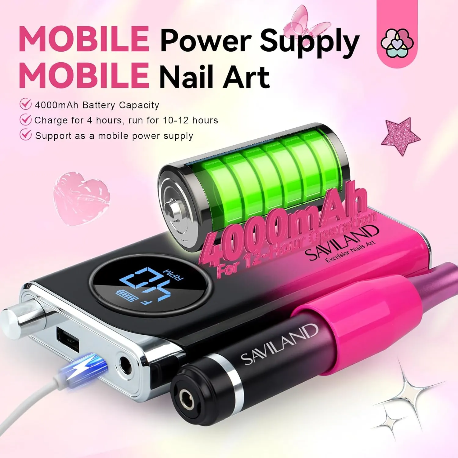 Portable Nail Grinder Ceramic Drill Bit radial Salon Manicure Pedicure SAVILAND Professional Nail Drill for Acrylics: 2024 High Tech 40000RPM Electric Nail Drill 6000mAh Efile Machine Rechargeable Nail File 