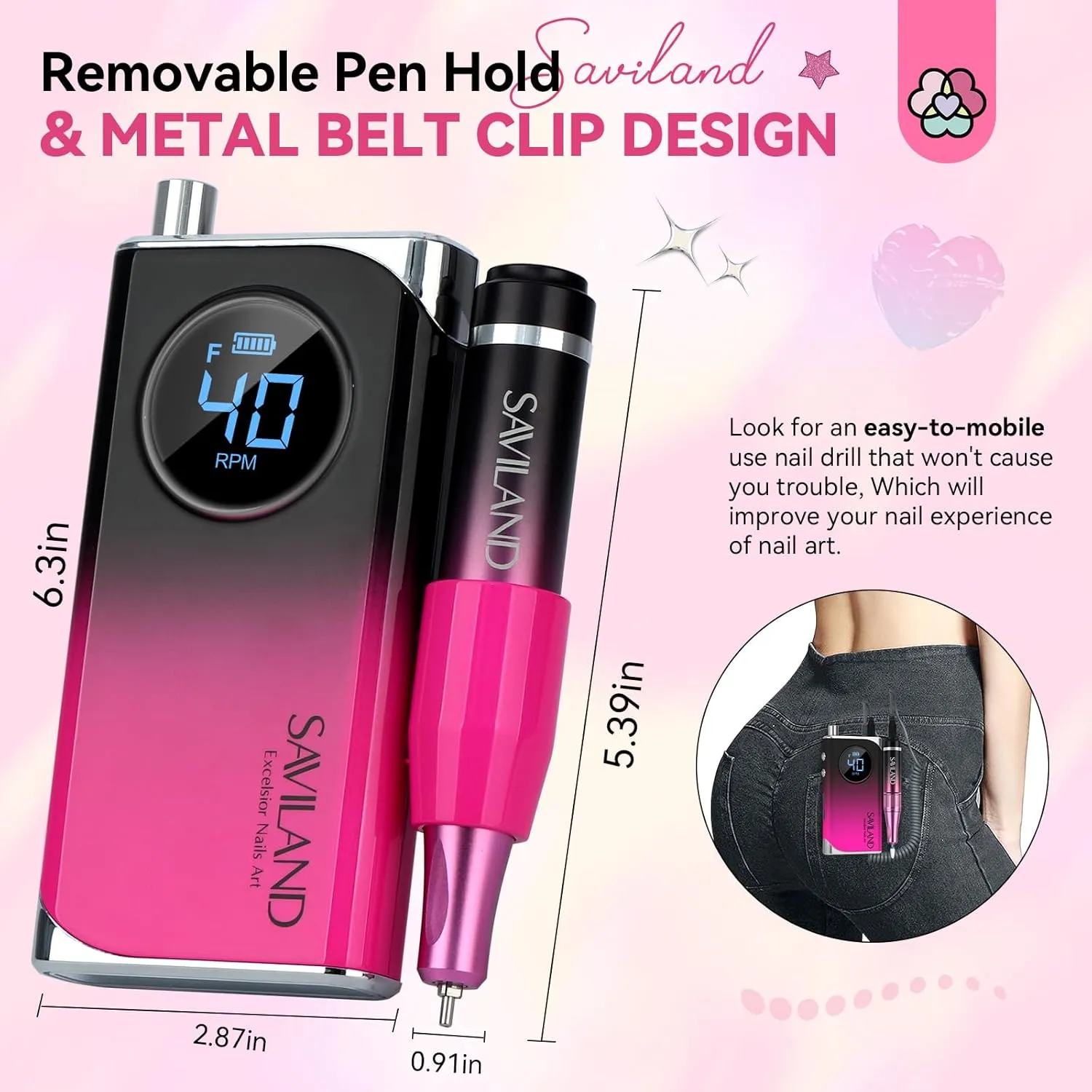 Portable Nail Grinder Ceramic Drill Bit radial Salon Manicure Pedicure SAVILAND Professional Nail Drill for Acrylics: 2024 High Tech 40000RPM Electric Nail Drill 6000mAh Efile Machine Rechargeable Nail File 